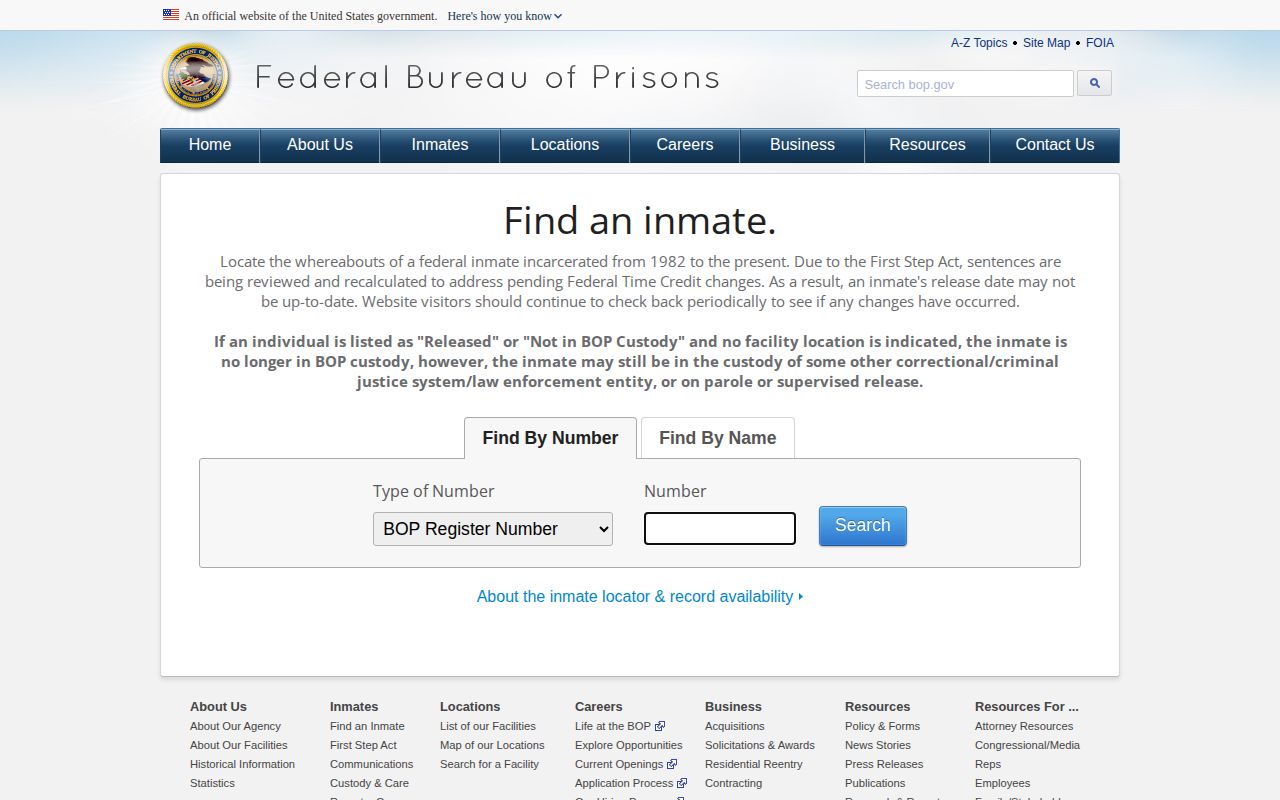 Federal Bureau of Prisons name and register-number inmate search