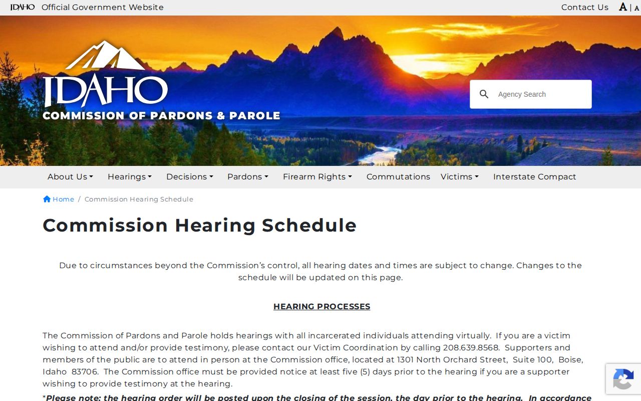 Idaho Commission of Pardons and Parole weekly hearing schedule